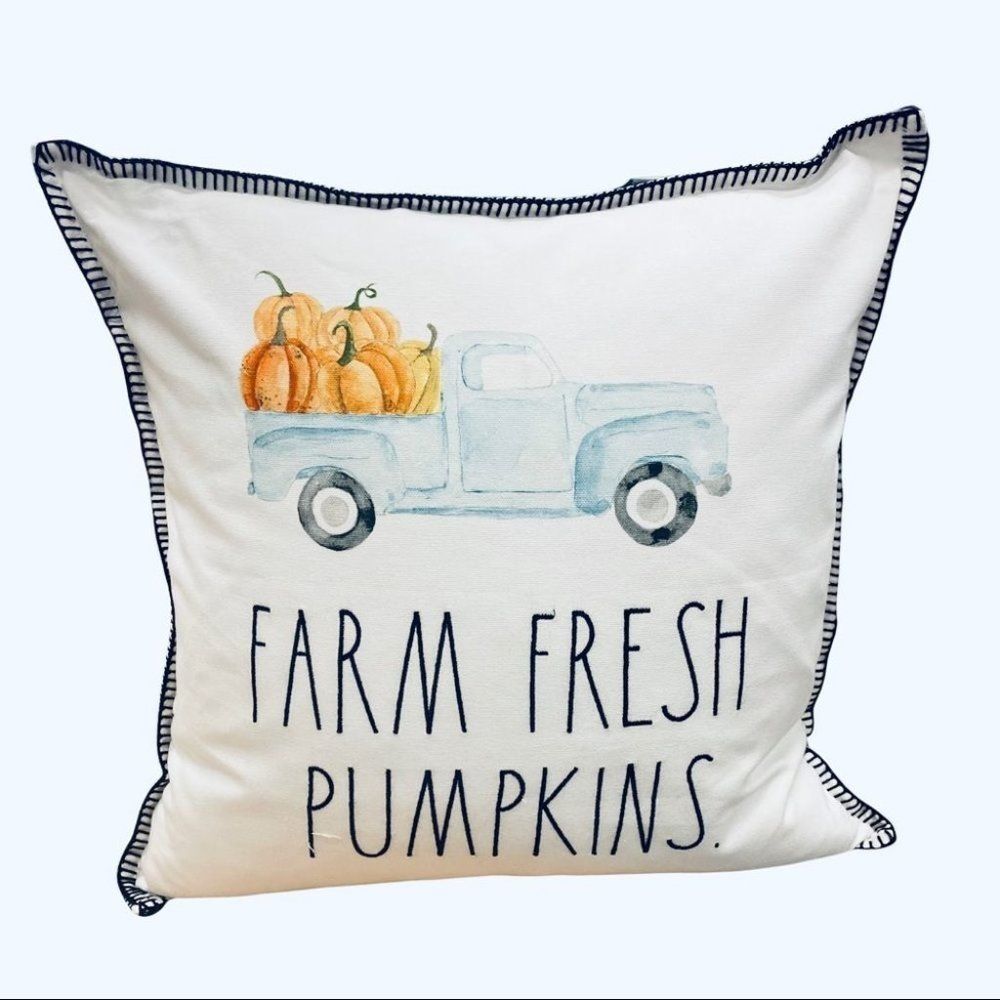Rae Dunn Fall Throw Pillow FARM FRESH PUMPKINS Blue Pickup Truck NWT 20”x20”